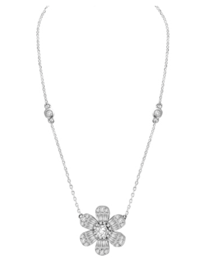 Six Petal Diamond Floral Pendant Necklace