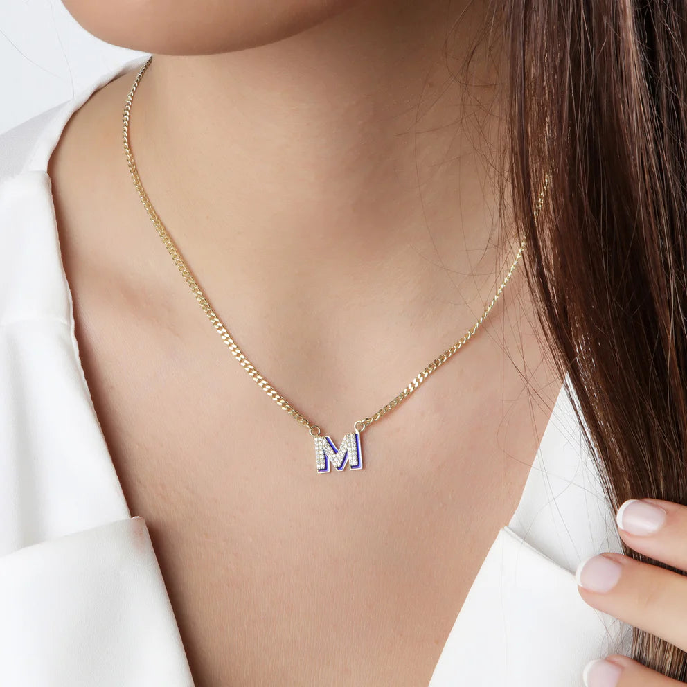 Diamond and Enamel Block Initial Necklace