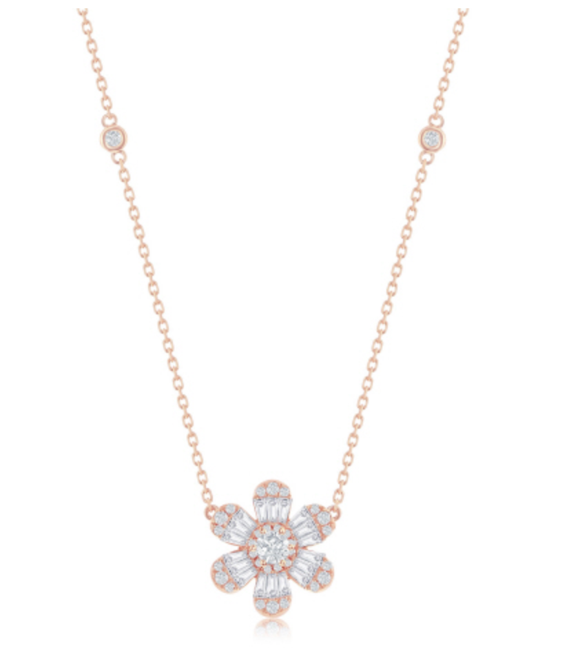 Six Petal Diamond Floral Pendant Necklace